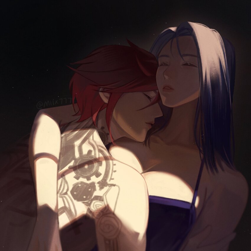 2girls, back_tattoo, breasts, caitlyn_(league_of_legends), camisole, cleavage, closed_eyes, commentary