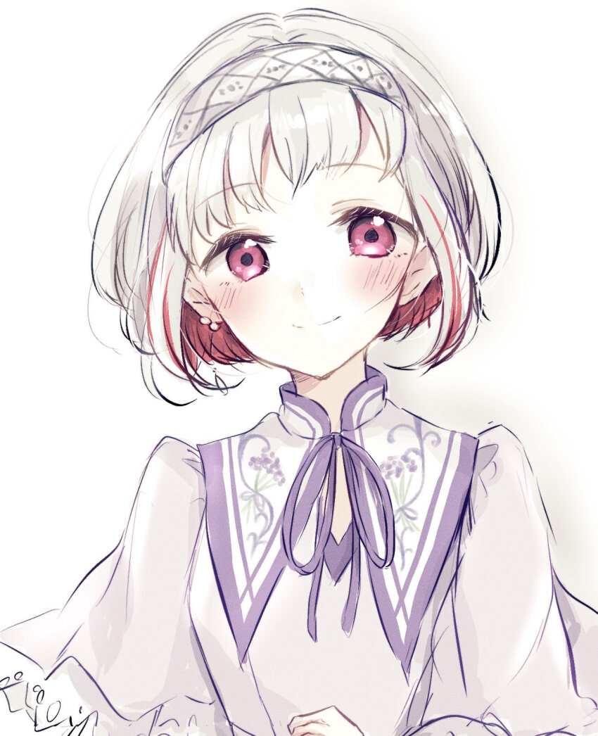 1girl, ao_to_shabon_(love_live!), baran._(ba_ra_ran), blush, bob_cut, closed_mouth, colored_inner_hair, commentary, diagonal_bangs, dress, earrings, floral_print, flower, grey_hair, grey_hairband, hairband, highres, jewelry, lace, lace-trimmed_dress, lace_trim, lavender_(flower), link!_like!_love_live!, looking_at_viewer, love_live!, multicolored_hair, multicolored_hairband, neck_ribbon, purple_ribbon, purple_sailor_collar, red_eyes, red_hair, ribbon, sailor_collar, short_hair, short_sleeves, single_earring, smile, solo, split_mouth, streaked_hair, two-tone_hairband, upper_body, virtual_youtuber, white_dress, white_hairband, white_sailor_collar, wide_sleeves, yugiri_tsuzuri