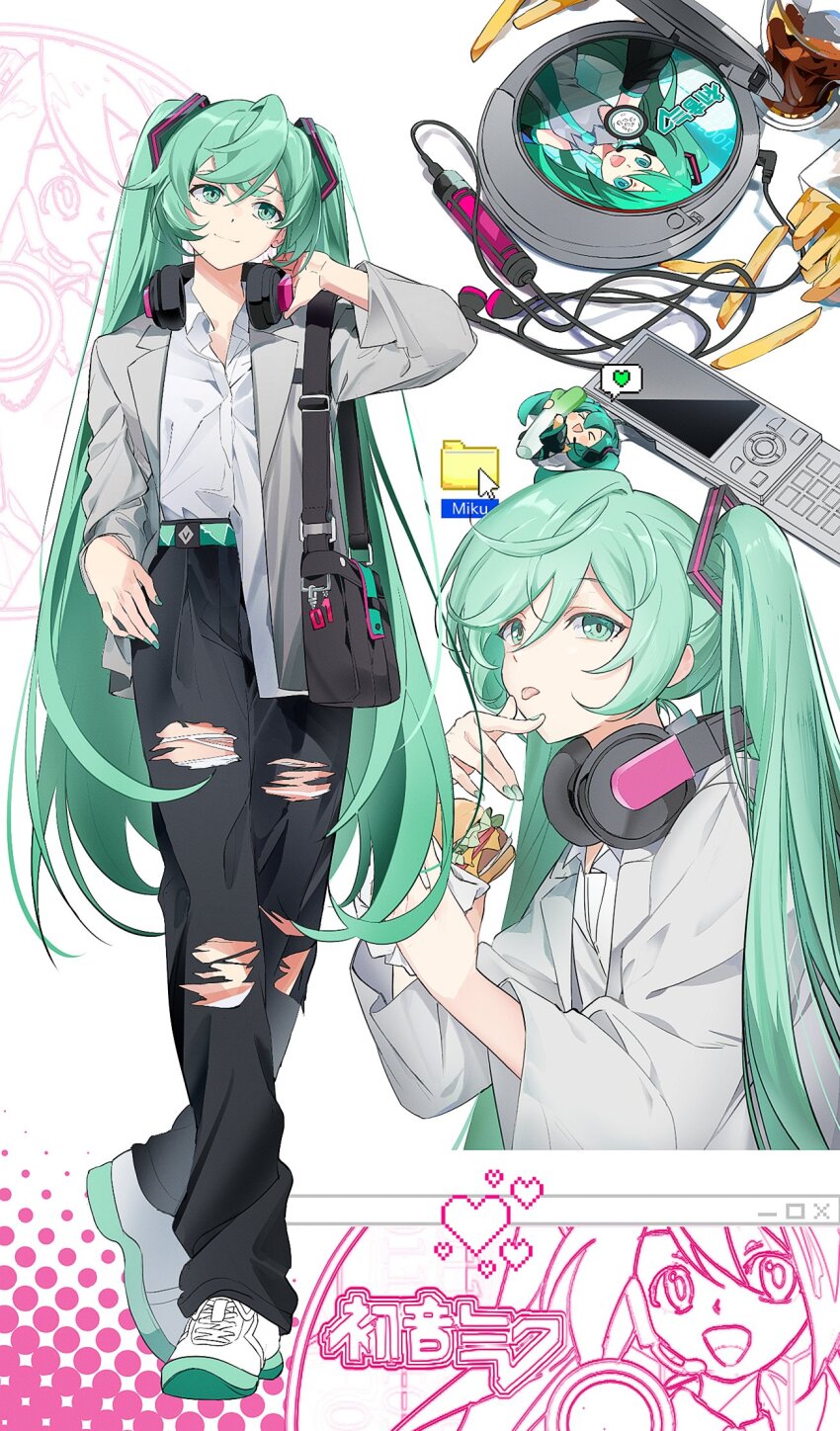1girl, black_pants, blue_eyes, blue_hair, blue_nails, burger, cd_player, cd_walkman