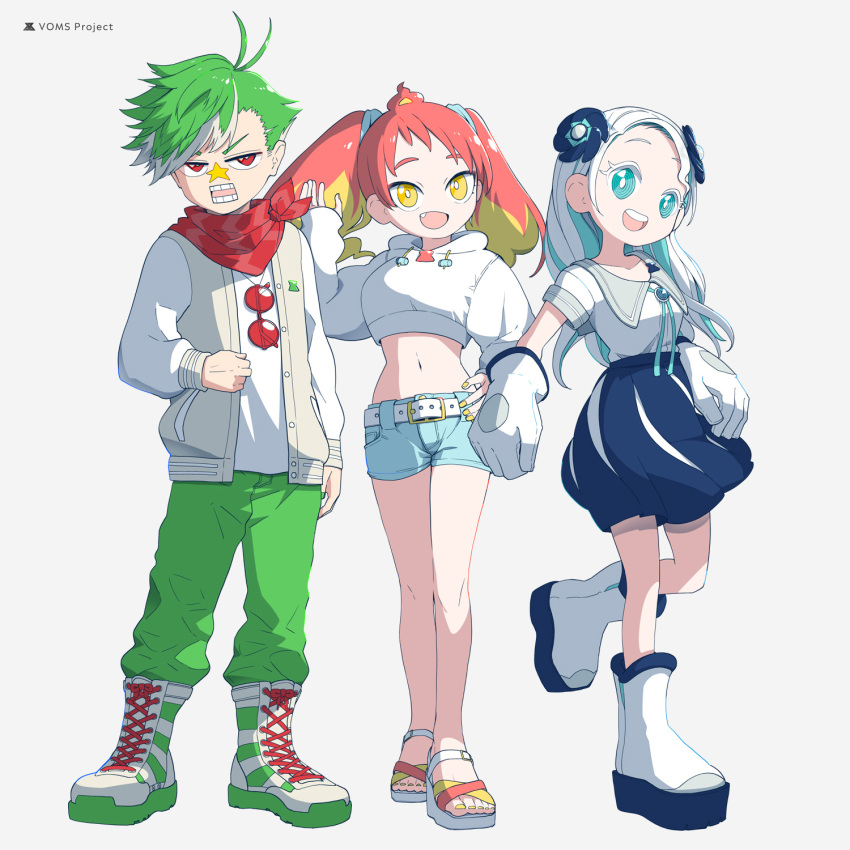1boy, 2girls, :d, antenna_hair, aqua_eyes, aqua_hair, aqua_ribbon, badge