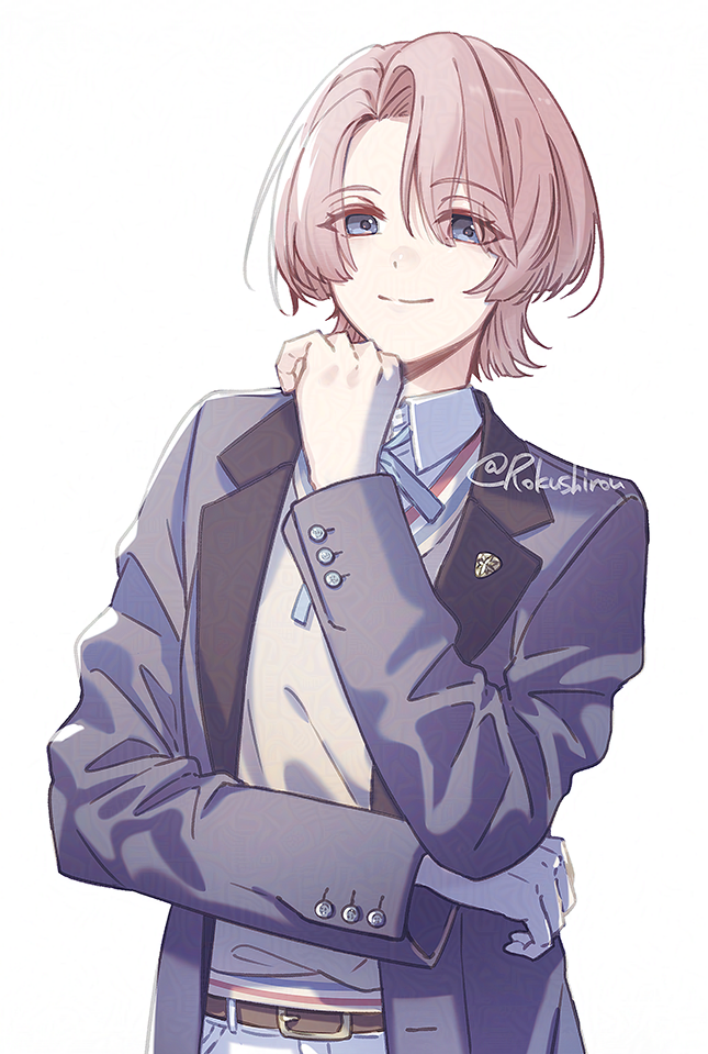 1girl, arimura_mao, asymmetrical_bangs, belt_buckle, blazer, blue_eyes, blue_jacket, buckle