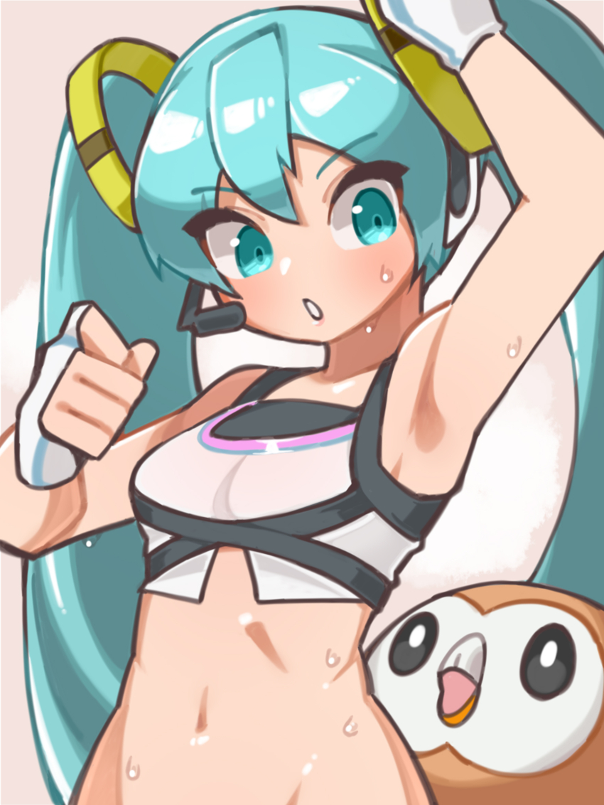 1girl, aqua_eyes, aqua_hair, arm_up, armpits, bird, breasts, crop_top, crossover, fingerless_gloves, fitness_boxing, fitness_boxing_feat._hatsune_miku:_isshoni_exercise, gen_7_pokemon, gloves, groin, hatsune_miku, headset, highres, midriff, navel, nintendo, owl, pokemon, pokemon_(creature), rowlet, small_breasts, suiran_(suiran2822), sweat, twintails, upper_body, vocaloid