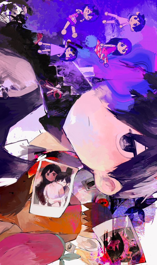 abstract_background, aqua_hairband, arm_behind_back, aubrey_(faraway)_(omori), aubrey_(headspace)_(omori), aubrey_(omori), bare_arms, bare_shoulders, barefoot, black_eyes, black_sweater_vest, bright_pupils, brown_hair, checkered_clothes, checkered_shirt, chibi, closed_mouth, collared_shirt, expressionless, hair_behind_ear, hairband, hero_(headspace)_(omori), hero_(omori), kel_(faraway)_(omori), kel_(headspace)_(omori), kel_(omori), long_hair, long_sleeves, looking_at_viewer, looking_up, mari_(faraway)_(omori), mari_(headspace)_(omori), mari_(omori), no_pupils, omori, orange_tank_top, photo_(object), pink_hair, pinosan, purple_background, purple_eyes, purple_hair, purple_shorts, shirt, short_hair, short_sleeves, shorts, sideways, smile, solo_focus, spoilers, sunny_(omori), sweater_vest, tank_top, upper_body, white_background, white_pupils, white_shirt