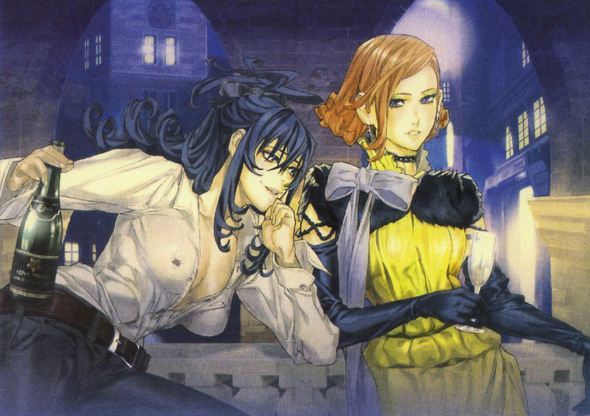 00s, 2girls, alcohol, belt, black_hair, blue_eyes, bottle, bow, breasts, brown_hair, choker, cup, dress, dress_shirt, drinking_glass, earrings, elbow_gloves, freckles, gloves, hair_bow, hamutz_meseta, jewelry, lipstick, maeshima_shigeki, makeup, medium_breasts, multiple_girls, open_clothes, open_shirt, renas_fleur, shirt, smile, tatakau_shisho, unbuttoned, wine, wine_glass, yellow_dress