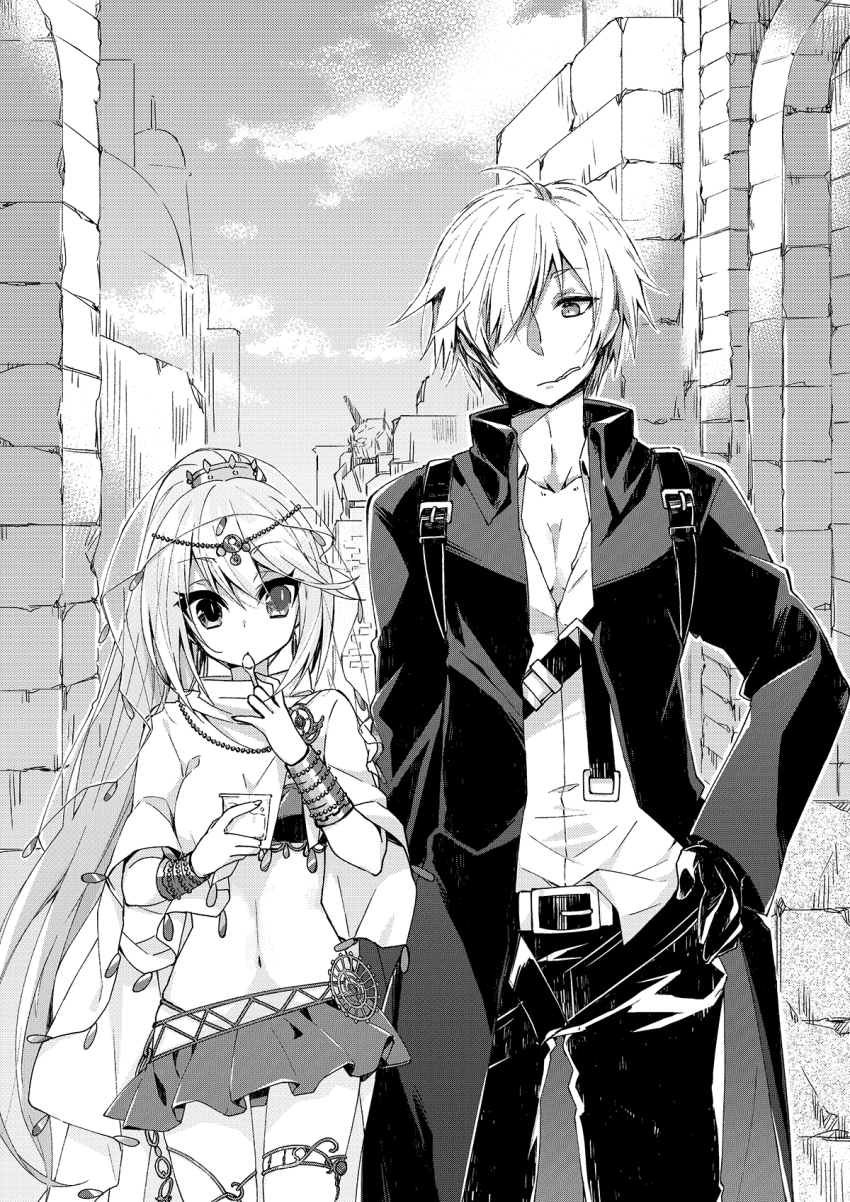 1boy, 1girl, becas_shannam_(iron_saga), belt, bracelet, eating, food, greyscale