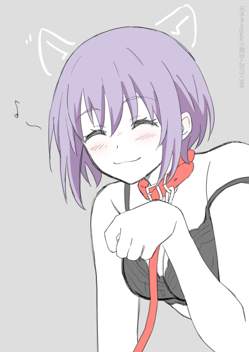 1girl, bang_dream!, bare_arms, black_bra, blush, bra, breasts, closed_eyes, closed_mouth, collar, commentary_request, drawn_ears, eighth_note, grey_background, highres, leash, medium_breasts, musical_note, nogreen, paw_pose, simple_background, smile, solo, strap_slip, translation_request, underwear, yuutenji_nyamu