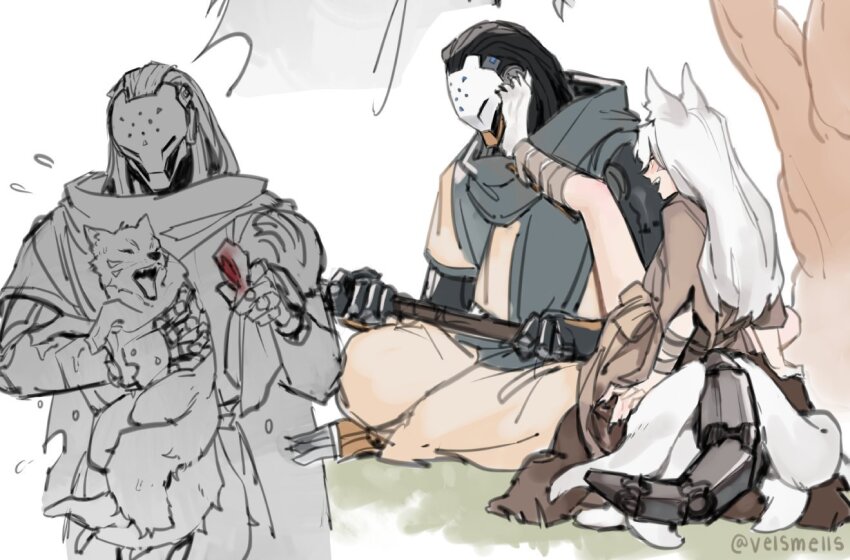 1boy, 1girl, alternate_costume, alternate_universe, animal, animal_ear_fluff, animal_feet, blush, brown_hanbok, crossed_legs, d.va_(overwatch), facial_mark, fox, fox_girl, grass, hanbok, holding, holding_animal, humanoid_robot, kitsune, kneeling, korean_clothes, kyuubi, long_hair, long_scarf, looking_at_another, mechanical_tail, multiple_tails, on_ground, open_mouth, overwatch, overwatch_2, ramattra_(overwatch), robe, robot, scarf, sitting, straight_hair, tail, tree, velinxi, whisker_markings, white_fur, white_hair, white_robe