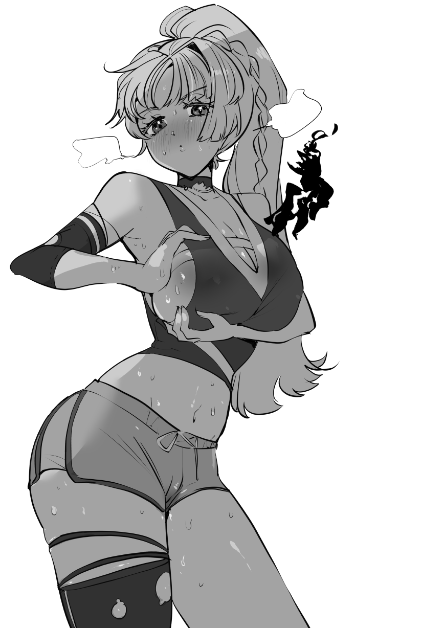 1girl, arm_under_breasts, bare_shoulders, blush, breasts, cleavage, contrapposto, dikke_(reverse:1999)