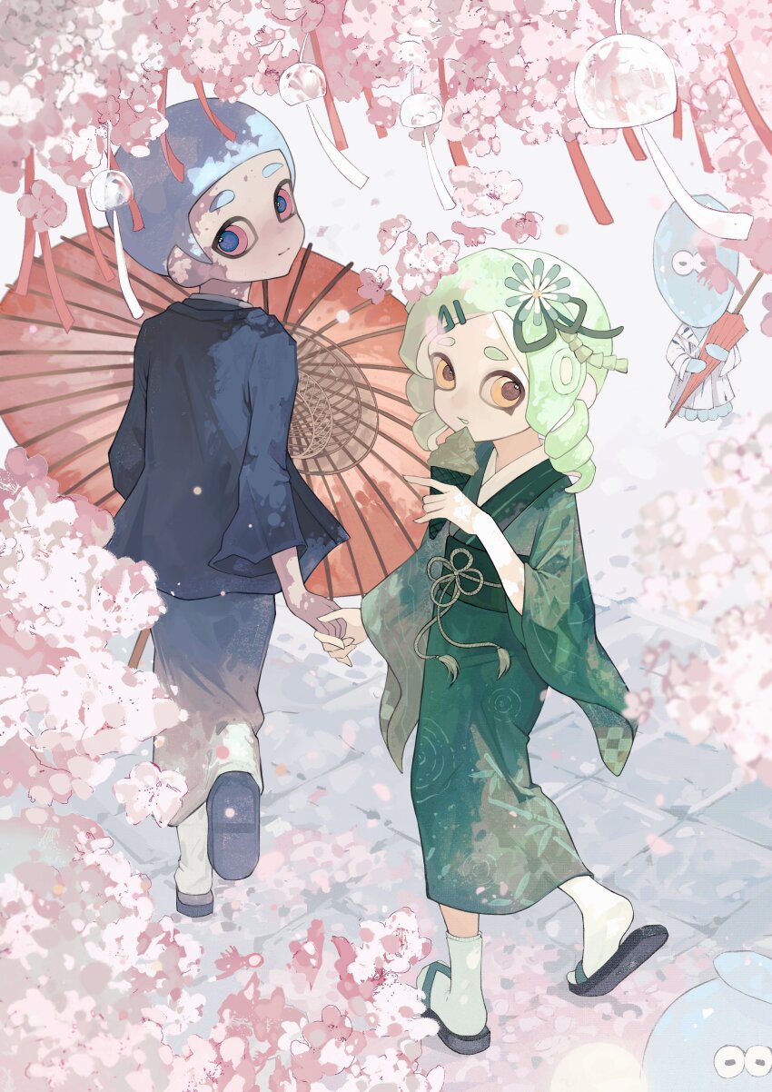 1boy, 1girl, absurdres, cherry_blossoms, commentary_request, flower, food, from_above