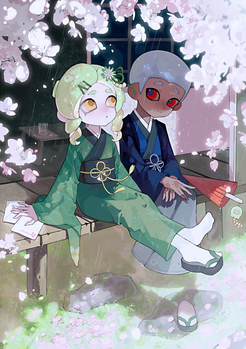 1boy, 1girl, absurdres, afro, cherry_blossoms, closed_mouth, commentary_request, dark-skinned_male