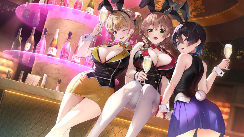 3girls, alcohol, animal_ears, bar_(place), black_hair, blonde_hair, blue_eyes, blue_hair, blue_skirt, blurry, blush, bottle, bow, bowtie, braid, breasts, brown_hair, bunny_garden, buttons, cleavage, counter, cup, depth_of_field, double-breasted, drinking_glass, fake_animal_ears, fake_tail, flower, gradient_hair, green_eyes, hair_flower, hair_ornament, hair_over_shoulder, head_tilt, highres, huge_breasts, indoors, kana_(bunny_garden), large_breasts, long_hair, looking_at_viewer, miniskirt, miuka_(bunny_garden), multicolored_hair, multiple_girls, official_art, on_counter, one_eye_closed, open_mouth, pencil_skirt, photoshop_(medium), pink_eyes, pink_hair, playboy_bunny, pleated_skirt, rabbit_ears, rabbit_tail, red_bow, red_bowtie, red_skirt, rin_(bunny_garden), short_hair, side_ponytail, sitting, skirt, standing, tail, thighhighs, twin_braids, two-tone_hair, vest, white_thighhighs, wrist_cuffs, yamacchi, yellow_bow, yellow_bowtie, yellow_skirt