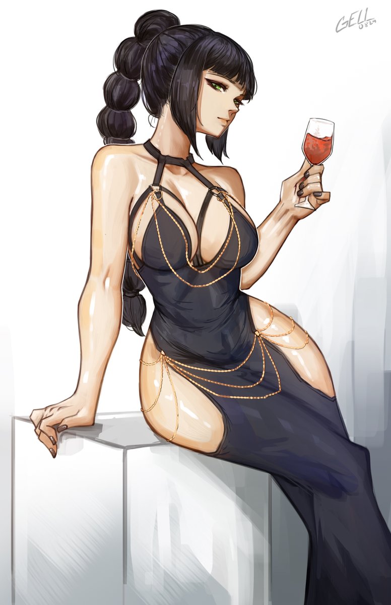 1girl, alcohol, alternate_costume, arm_support, baldur's_gate, baldur's_gate_3, black_hair, braid