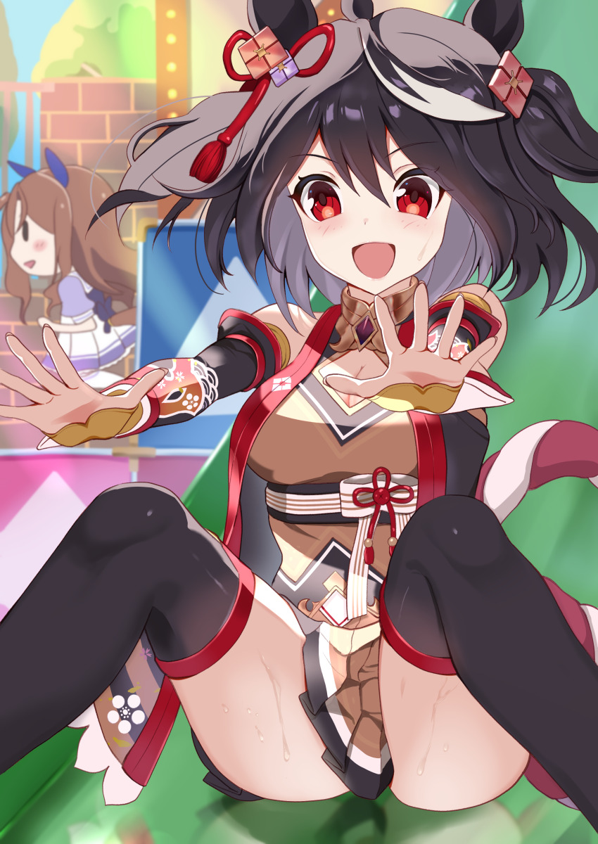 2girls, :d, absurdres, ahoge, animal_ears, ass, black_hair, black_thighhighs, breasts, brown_hair, brown_skirt, cleavage_cutout, clothing_cutout, commentary, detached_sleeves, ear_covers, hair_between_eyes, highres, horse_ears, horse_girl, king_halo_(umamusume), kitasan_black_(gilded_shrine_to_glory)_(umamusume), kitasan_black_(umamusume), kouhaku_nawa, large_breasts, long_hair, m_legs, multicolored_hair, multiple_girls, open_mouth, pleated_skirt, pyoitto_hallelujah!, red_eyes, rope, school_uniform, shimenawa, short_hair, skirt, slide, smile, solo_focus, spread_legs, streaked_hair, taki_rentaro, thighhighs, tracen_school_uniform, umamusume, white_hair