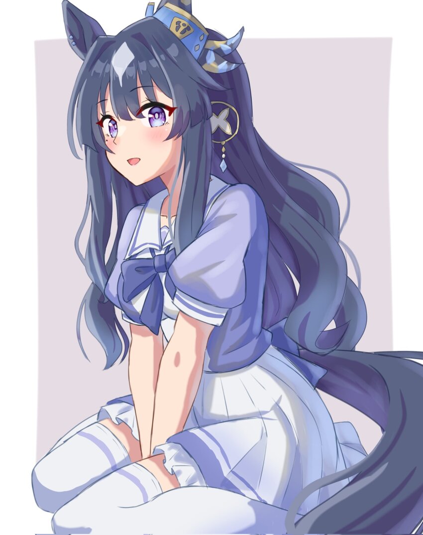 2girls, animal_ears, arms_between_legs, black_hair, blush, border, bow, bowtie