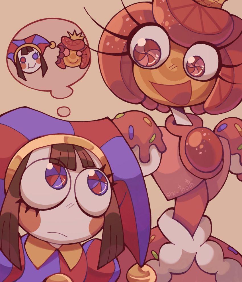 2girls, candy, candy_girl, crown, dress, eye_contact, food, glitch_productions, gloves, hat, highres, jester, jester_cap, looking_at_another, multicolored_eyes, multiple_girls, pink_hair, pomni_(the_amazing_digital_circus), princess_loolilalu, short_hair, speech_bubble, the_amazing_digital_circus, thought_bubble