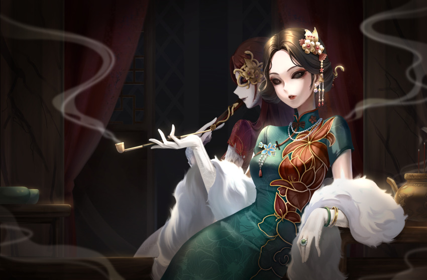 1girl, black_eyes, black_hair, black_sclera, bracelet, china_dress, chinese_clothes, colored_sclera