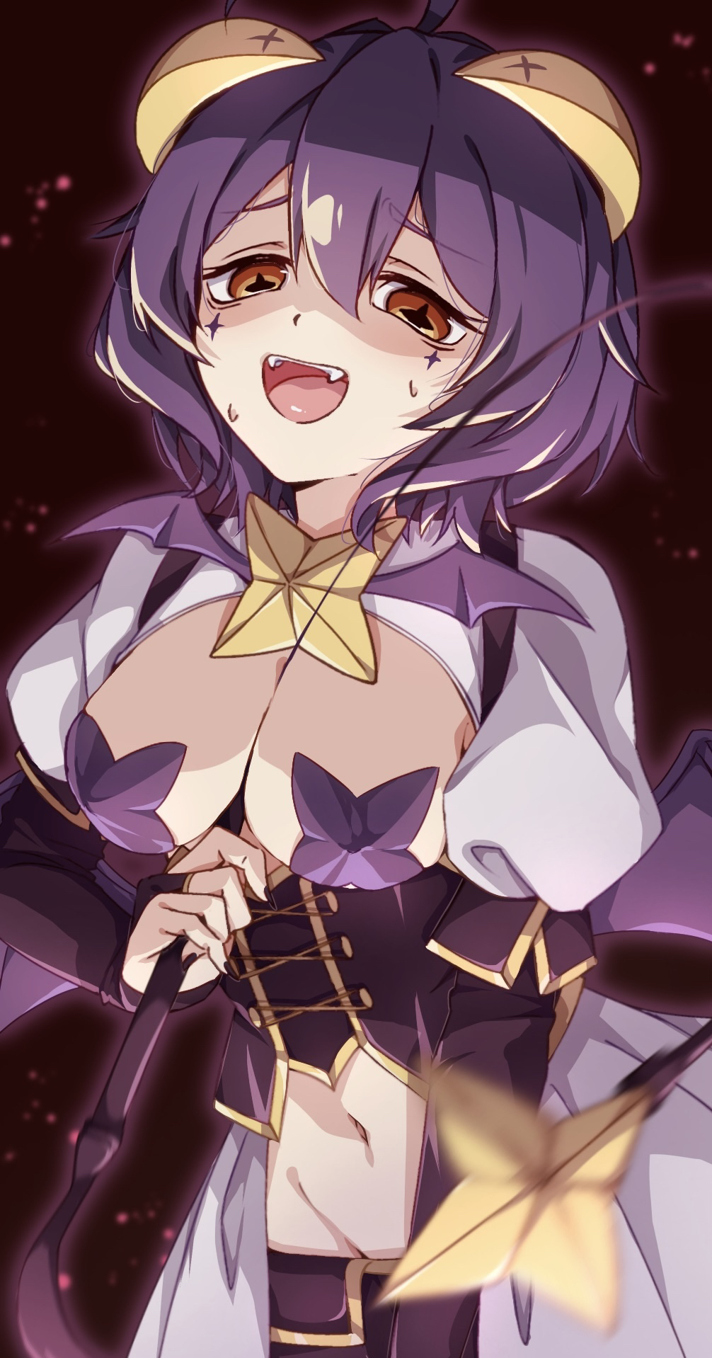 1girl, breasts, fangs, groin, highres, hiiragi_utena, horns, ice_cream_(aisu_aisu_9898), looking_at_viewer, lowleg, magia_baiser, mahou_shoujo_ni_akogarete, midriff, navel, pants, pasties, sharp_teeth, short_hair, smile, tattoo, teeth, wand