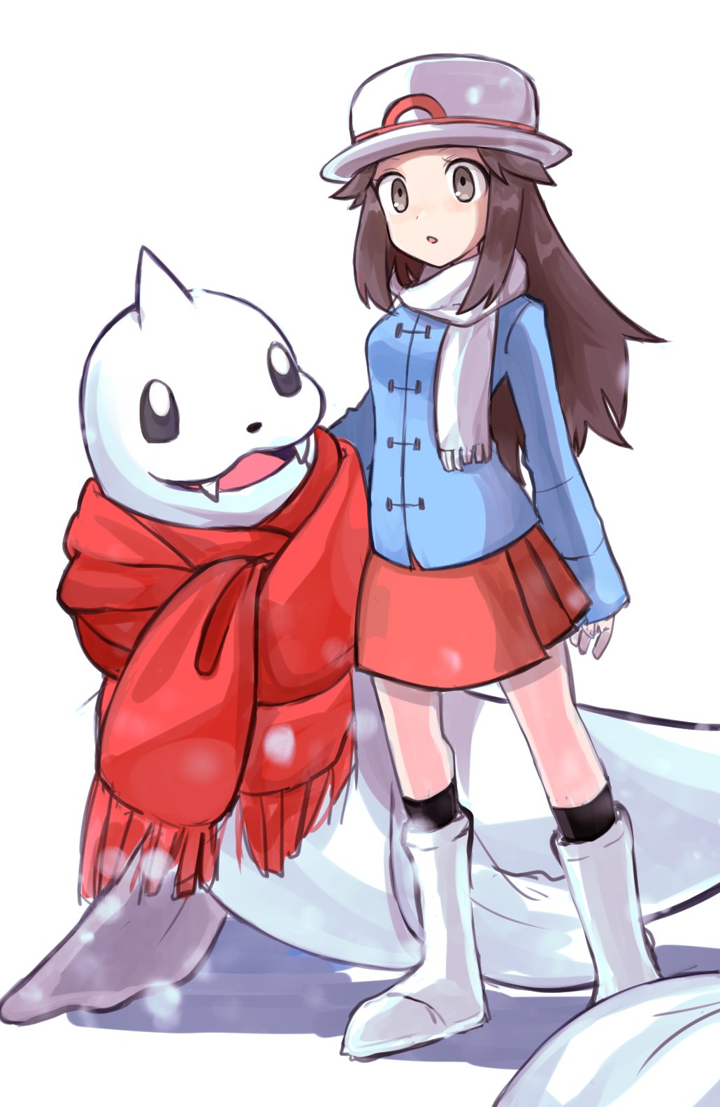 1girl, animal, black_socks, blue_coat, boots, brown_eyes, brown_hair, clothed_pokemon