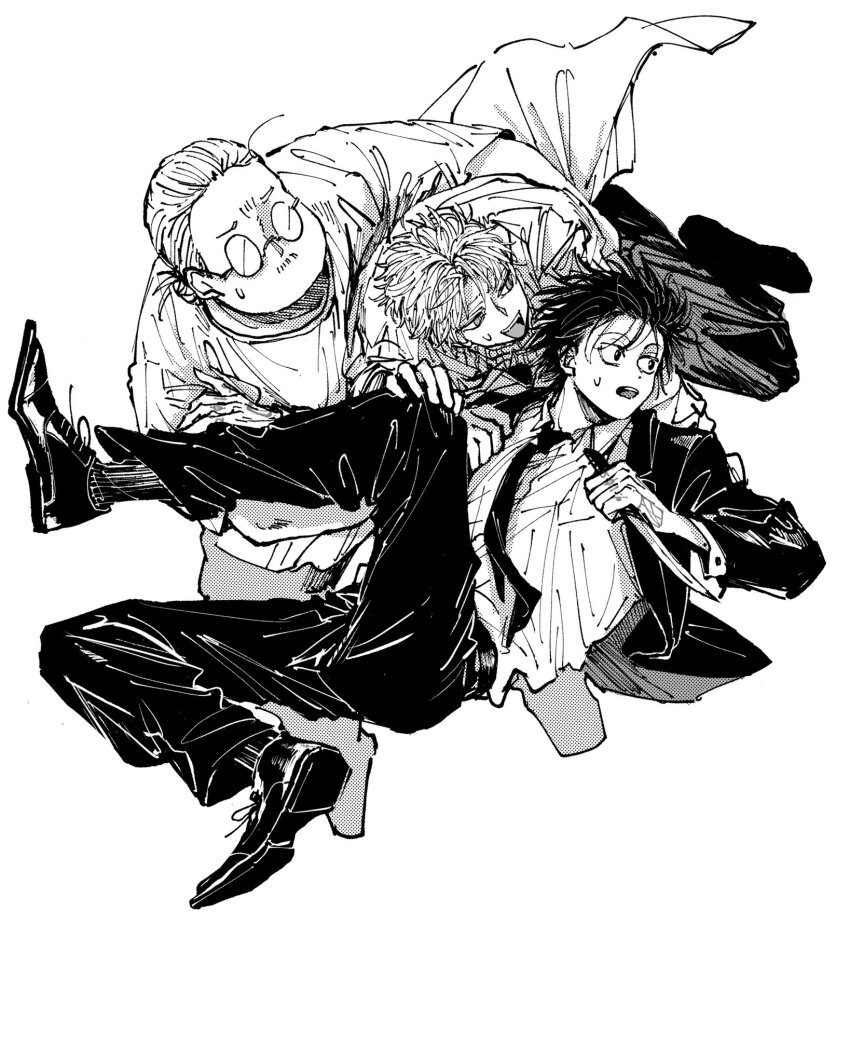 3boys, collared_shirt, facial_hair, formal_clothes, full_body, glasses, greyscale, hair_pulled_back