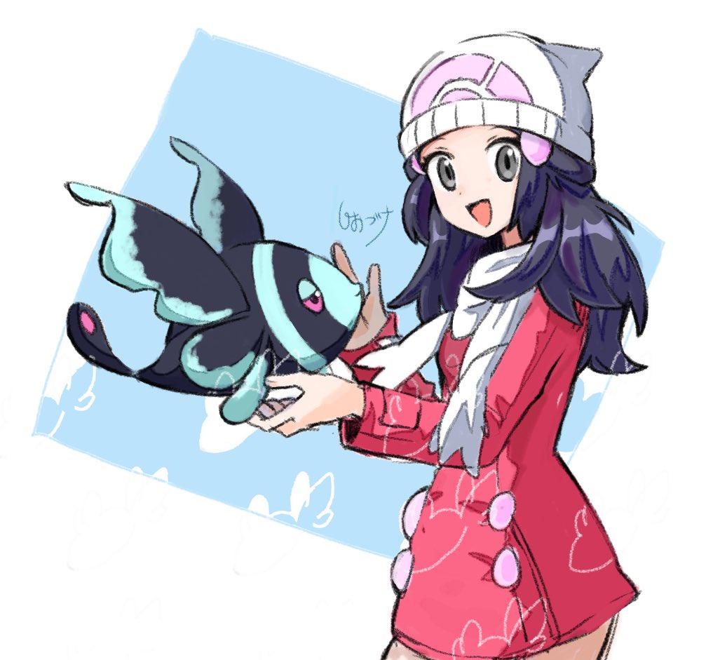 1girl, beanie, black_eyes, black_hair, blonde_hair, border, coat, dawn_(pokemon)
