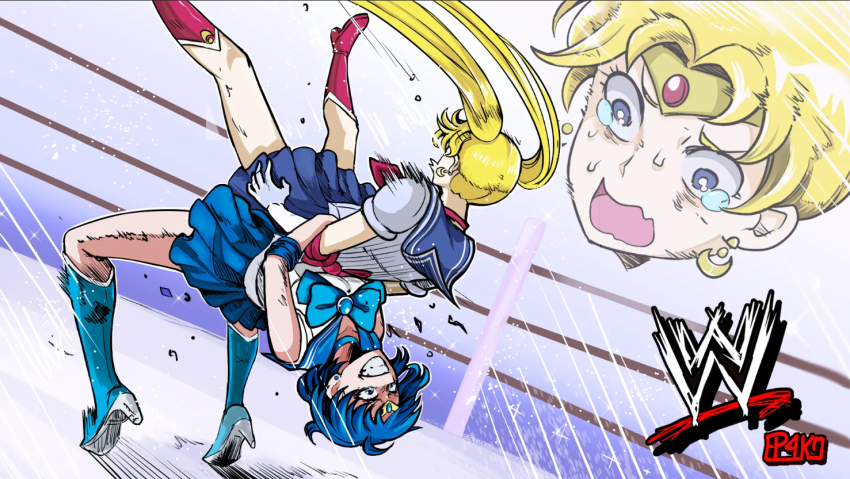 2girls, artist_logo, bishoujo_senshi_sailor_moon, blonde_hair, blue_boots, blue_bow, blue_bowtie, blue_hair