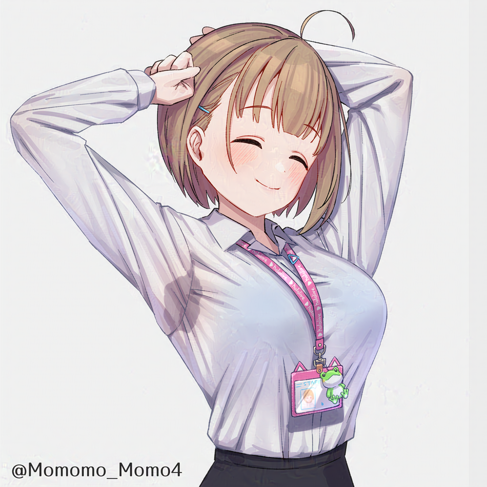 1girl, ^_^, adversarial_noise, ahoge, arm_behind_head, armpits, arms_up, blush, breasts, brown_hair, closed_eyes, collared_shirt, dress_shirt, hair_ornament, hairclip, harusaki_nodoka, harusaki_nodoka_(1st_costume), hololive, lanyard, large_breasts, long_sleeves, see-through_clothes, see-through_shirt, shirt, short_hair, smile, stained_clothes, sweat, sweat_stain, sweaty_clothes, twitter_username, upper_body, virtual_youtuber, white_shirt, yoshiwa_tomo