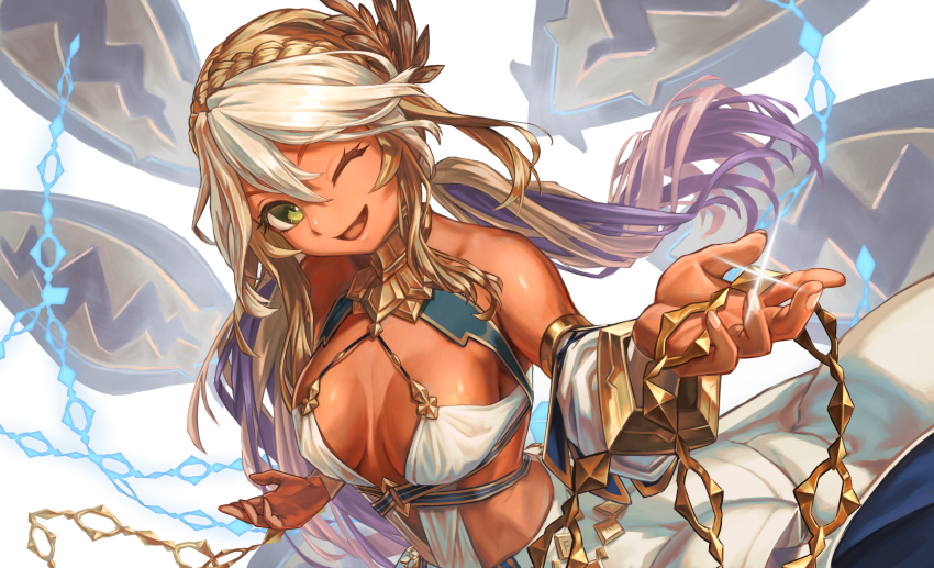 1girl, andromeda_(fate), andromeda_(first_ascension)_(fate), armlet, bare_shoulders, blonde_hair, blush, braid