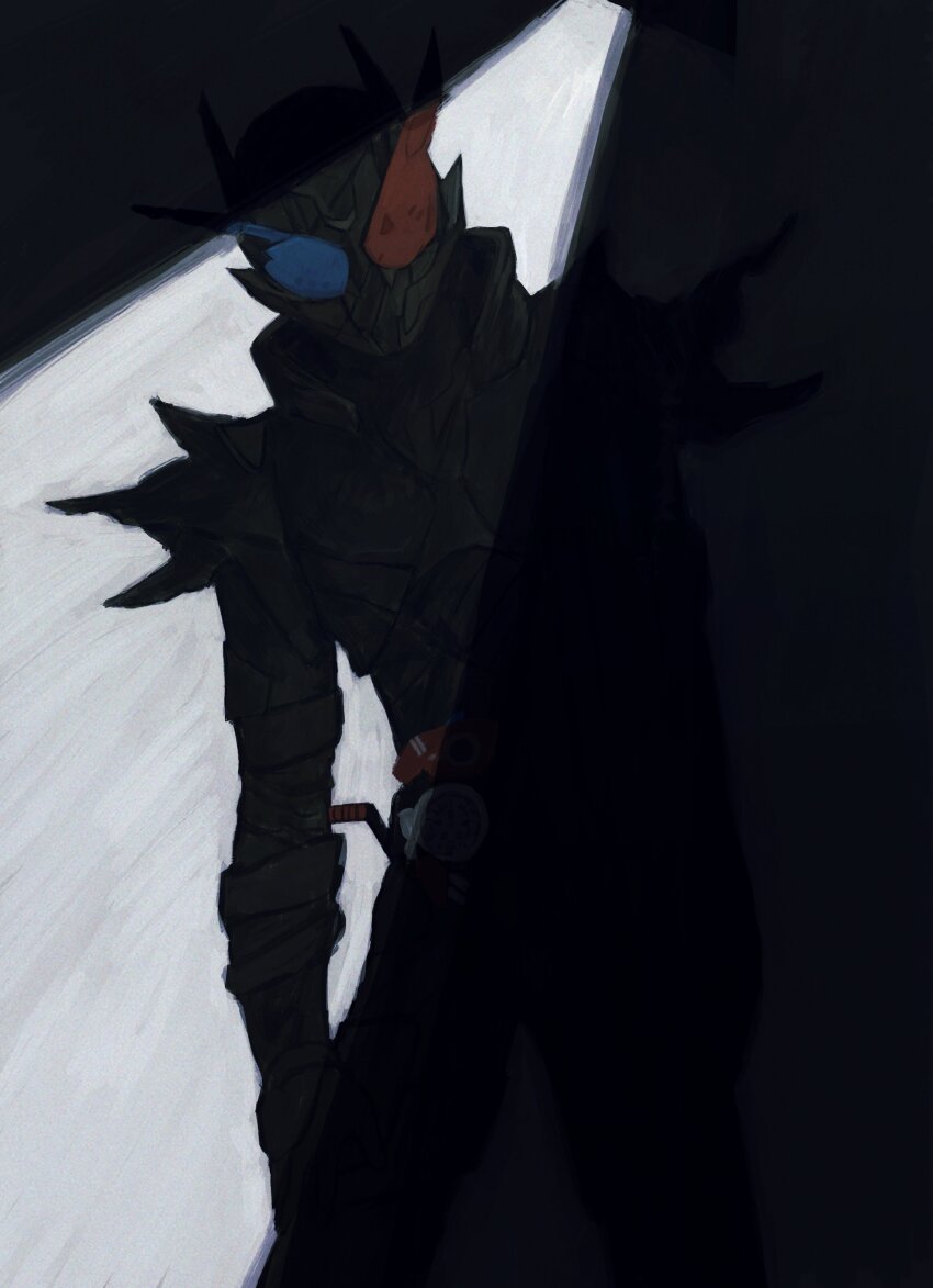 1boy, absurdres, armor, belt, black_armor, black_bodysuit, blue_eyes, bodysuit, build_driver, compound_eyes, debris, rider_belt, fullbottle, hazard_trigger, helmet, highres, kamen_rider, kamen_rider_build, kamen_rider_build_(series), leaning_to_the_side, m1ontee, male_focus, rabbit+tank_form_(black_hazard), red_eyes, shoulder_armor, signature, solo, spiked_armor, spikes