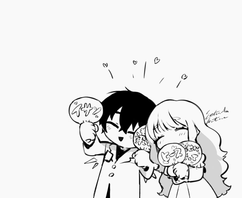 1boy, 1girl, blush, catherine_(project_moon), cheering, closed_eyes, closed_mouth, coat