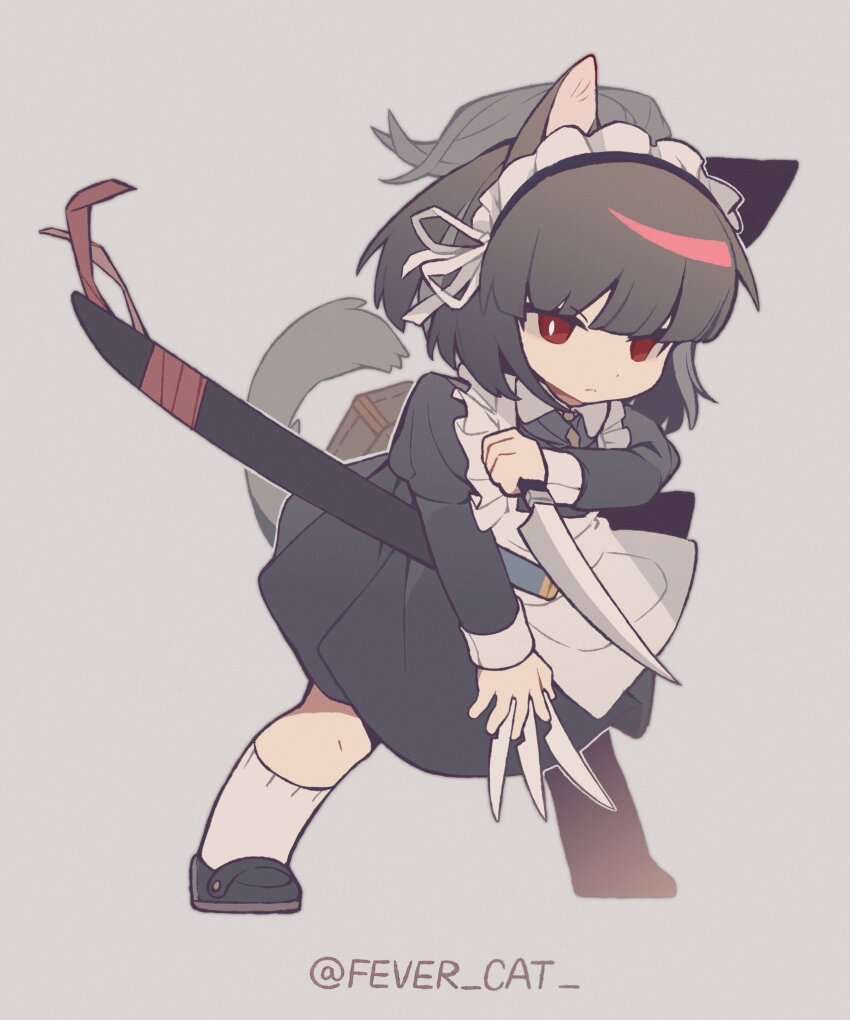 1girl, animal_ears, black_dress, black_hair, black_shoes, cat_ears, cat_tail, dagger, dress, fevercat, full_body, half_updo, highres, holding, holding_dagger, holding_knife, holding_weapon, juliet_sleeves, knife, limbus_company, long_sleeves, looking_at_viewer, maid, maid_headdress, medium_hair, project_moon, puffy_sleeves, red_eyes, ryoshu_(project_moon), sheath, sheathed, shoes, socks, solo, tail, weapon, white_socks