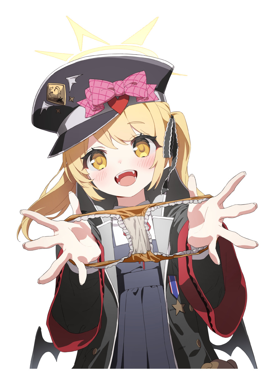 1girl, absurdres, black_dress, black_hat, black_jacket, black_wings, blonde_hair, blue_archive