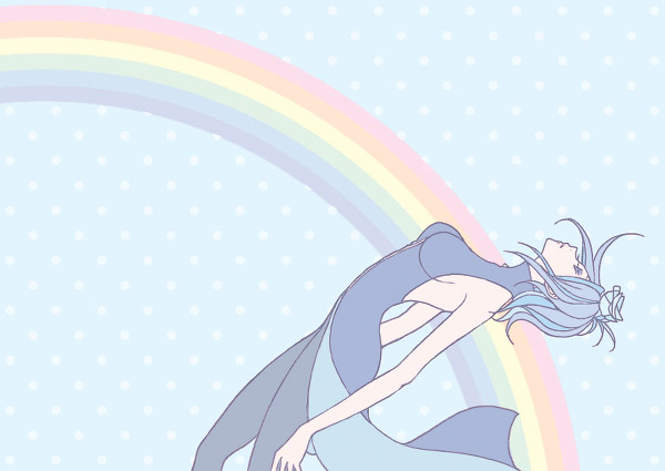 1girl, blue_hair, breasts, face_piercing, falling, female_focus, flat_color, image_sample