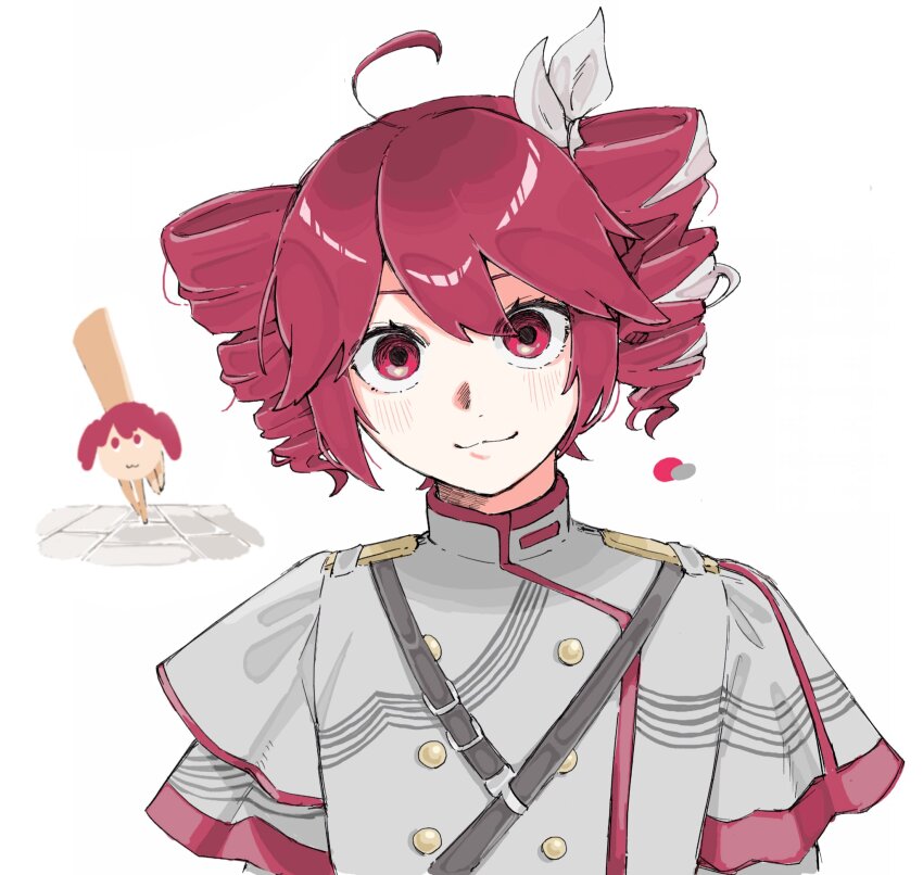 1girl, :3, bow, buttons, closed_mouth, double-breasted, drill_hair, grey_jacket