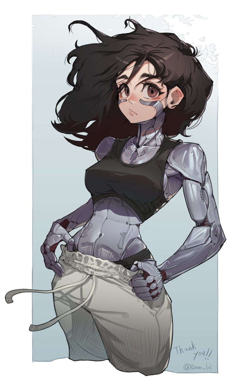 1girl, :/, abs, absurdres, alita, battle_angel_alita, black_hair, bra