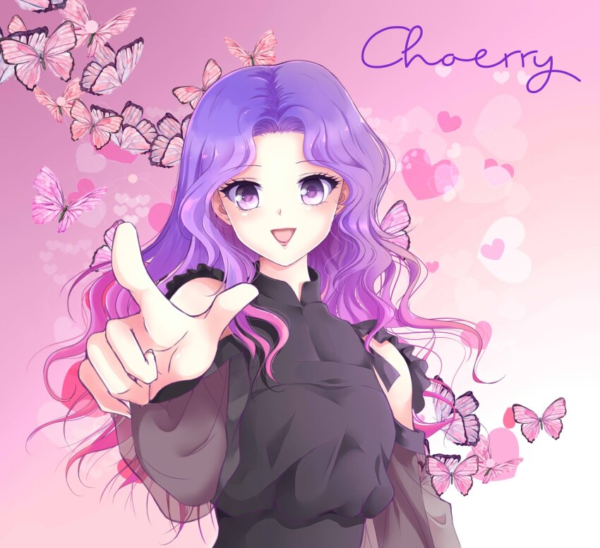 1girl, black_shirt, bug, butterfly, character_name, choerry, commentary, english_commentary