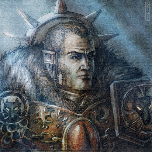 1boy, armor, black_legion_(warhammer_40k), closed_mouth, commentary, english_commentary, eyes_of_horus_(warhammer_40k), fur-trimmed_armor