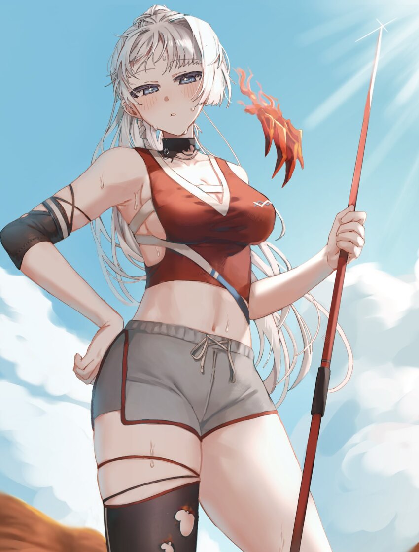 1girl, blue_eyes, blush, breasts, cleavage, cowboy_shot, dikke_(reverse:1999), dikke_(the_pointy_end_up)_(reverse:1999)