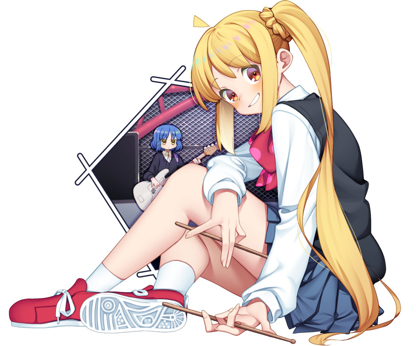 2girls, ahoge, black_jacket, black_vest, blonde_hair, blue_hair, blue_skirt, bocchi_the_rock!