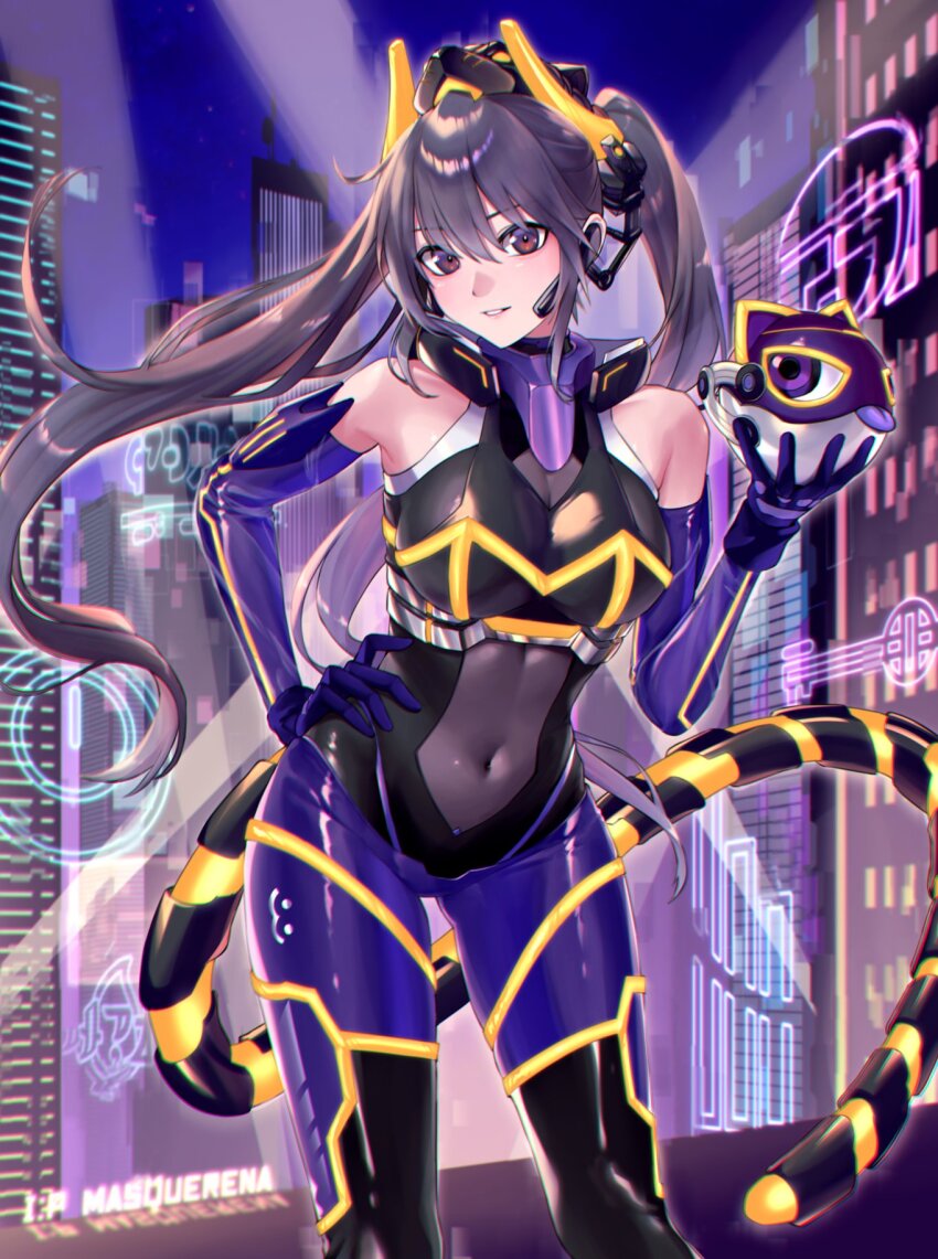 1girl, bare_shoulders, breasts, brown_eyes, brown_hair, cat_mask, cat_tail, covered_navel