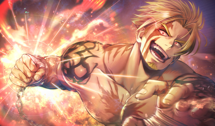 1boy, absurdres, aion_kiu, bandaged_hand, bandages, beard, beowulf_(fate), blonde_hair