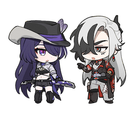 1boy, 1girl, acheron_(honkai:_star_rail), asymmetrical_legwear, black_gloves, black_hair, black_shorts, boothill_(honkai:_star_rail)