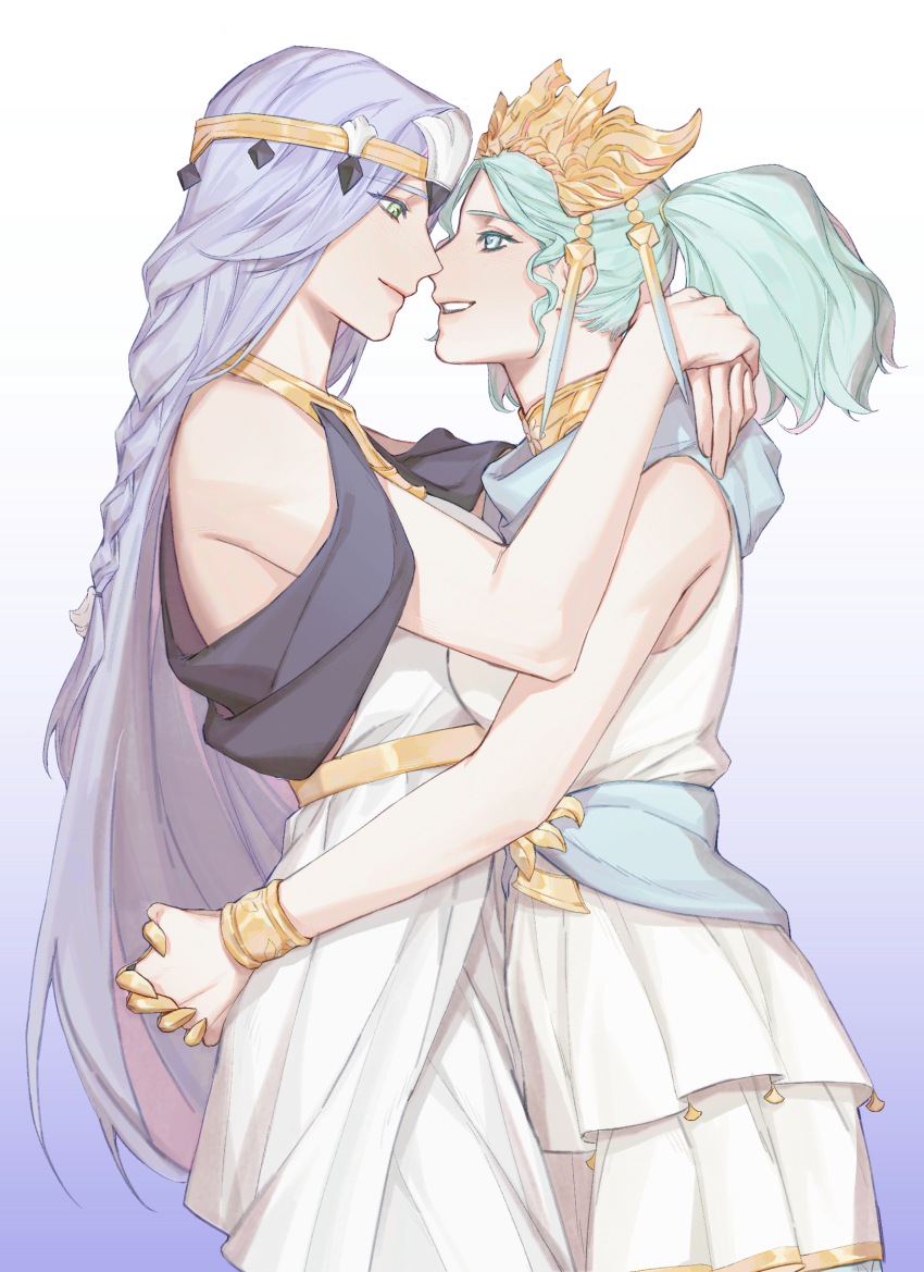 2girls, alternate_form, aqua_hair, arms_around_neck, arms_around_another's_waist, bare_shoulders, black_sash, blue_sash