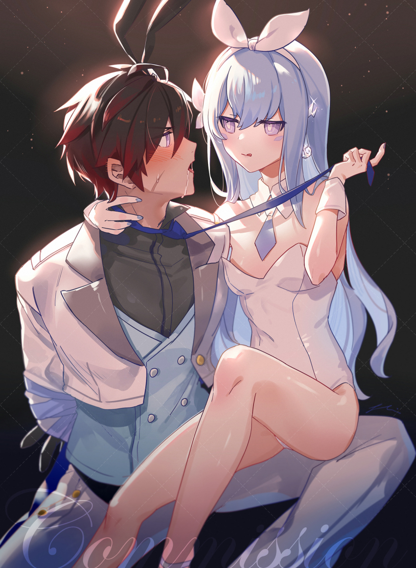 1boy, 1girl, after_kiss, alternate_costume, alternate_hairstyle, animal_ears, az_(zero_glvimayhop), bare_legs, bare_shoulders, black_hair, blue_hair, blue_nails, blush, bound, bound_arms, bow_hairband, detached_collar, drooling, earrings, elsword, eve_(elsword), face-to-face, facial_mark, fake_animal_ears, feet_out_of_frame, flat_chest, girl_on_top, glint, gradient_hair, hair_between_eyes, hairband, hetero, highres, jacket, jewelry, leotard, light, looking_at_another, mecha_musume, multicolored_hair, necktie, pants, playboy_bunny, purple_eyes, rabbit_ears, raven_cronwell, red_hair, robot_girl, saliva, scar, scar_on_face, shirt, short_hair, sidelocks, sitting, sitting_on_person, spread_legs, sweatdrop, tongue, tongue_out, white_leotard