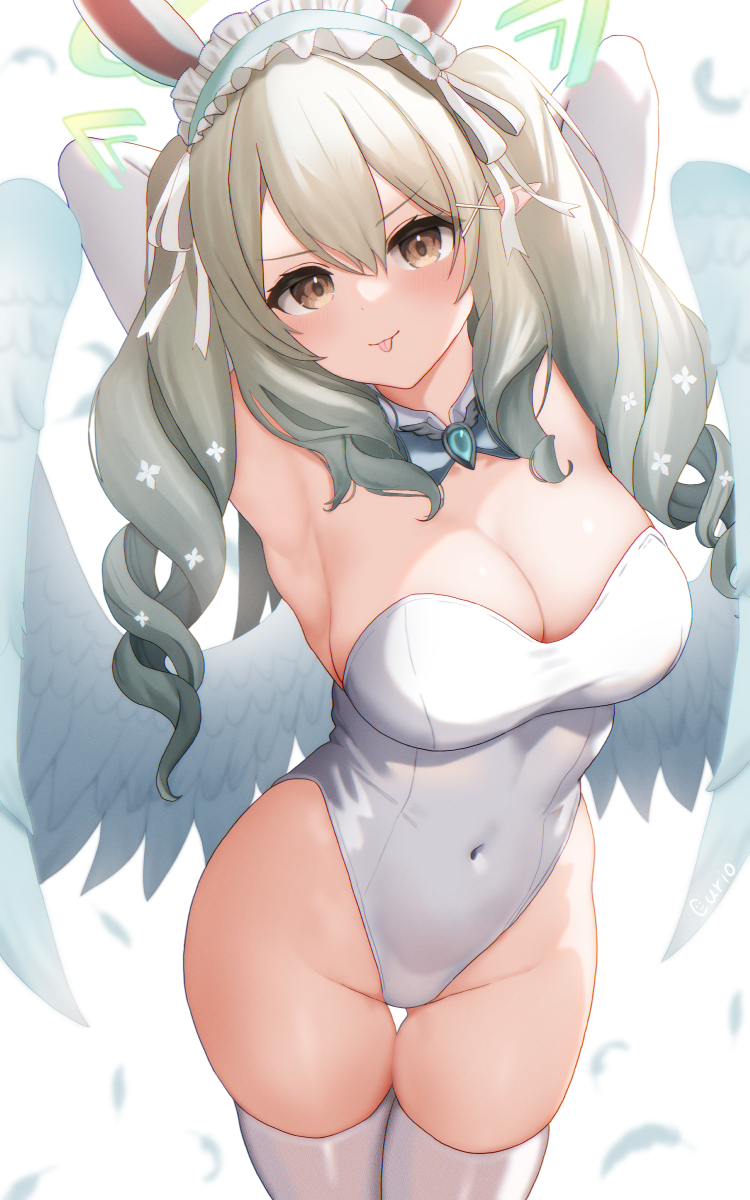 1girl, angel, angel_wings, animal_ears, armpits, arms_up, blush, breasts