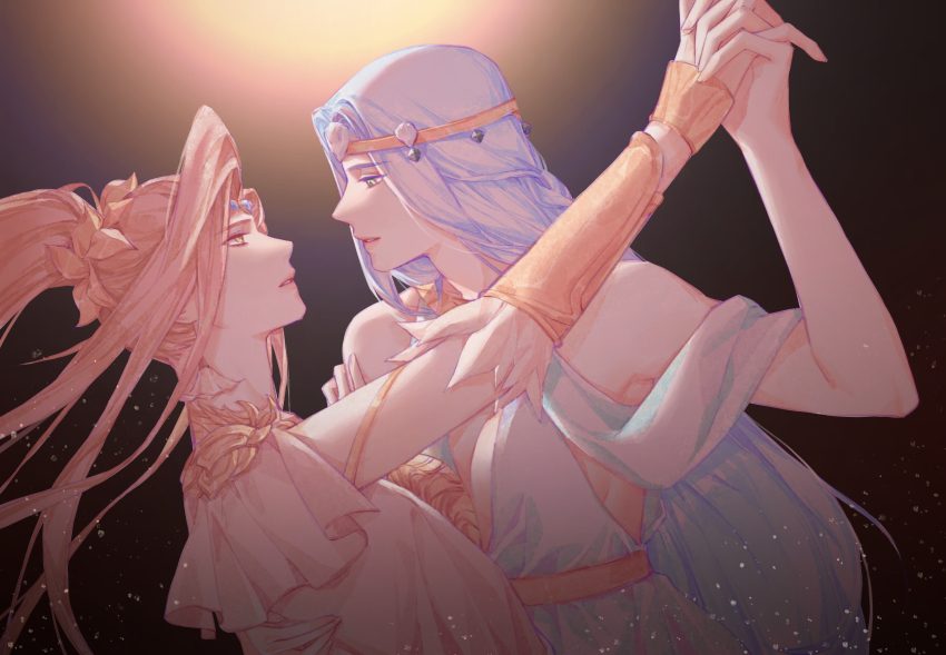 2girls, absurdres, alternate_form, armor, azeyma, bare_shoulders, breasts, brown_background