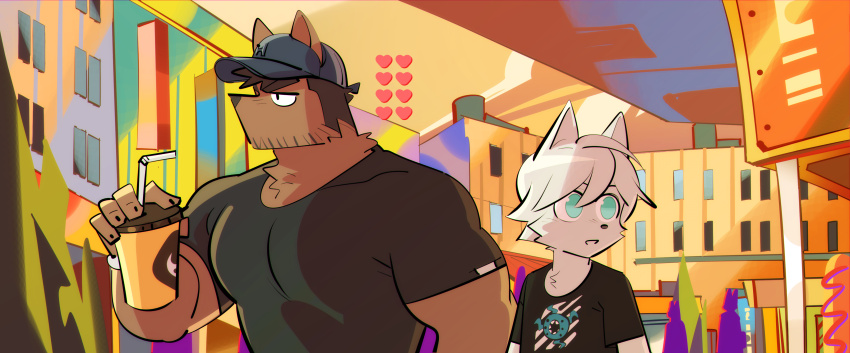 2boys, absurdres, aqua_eyes, bara, baseball_cap, beard_stubble, ben_(bansak), brown_fur, cup, disposable_cup, dog_boy, facial_hair, furry, furry_male, hat, heart, highres, holding, holding_cup, jitome, large_pectorals, male_focus, multiple_boys, muscular, muscular_male, original, pectorals, pixiv_banner, sanpaku, shirt, short_hair, stubble, t-shirt, tareme, thick_eyebrows, upper_body, white_fur