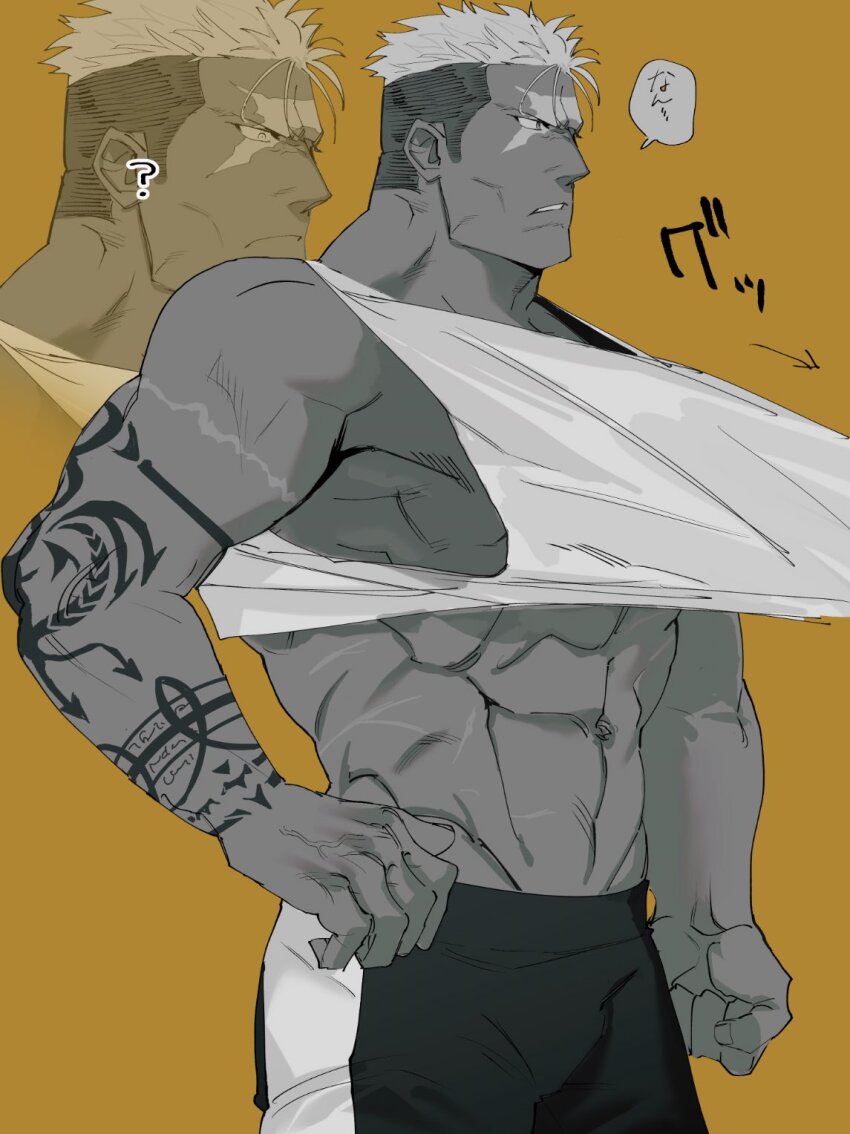 1boy, ?, bara, cowboy_shot, cross_scar, dark-skinned_male, dark_skin, fullmetal_alchemist, greyscale_with_colored_background, highres, i_am_muruzo, large_pectorals, male_focus, mature_male, muscular, muscular_male, navel, pectorals, scar, scar_(fma), short_hair, shoulder_tattoo, sideburns, sidepec, solo, standing, stomach, tank_top, tattoo, translation_request, tsurime, white_hair, white_tank_top, zoom_layer