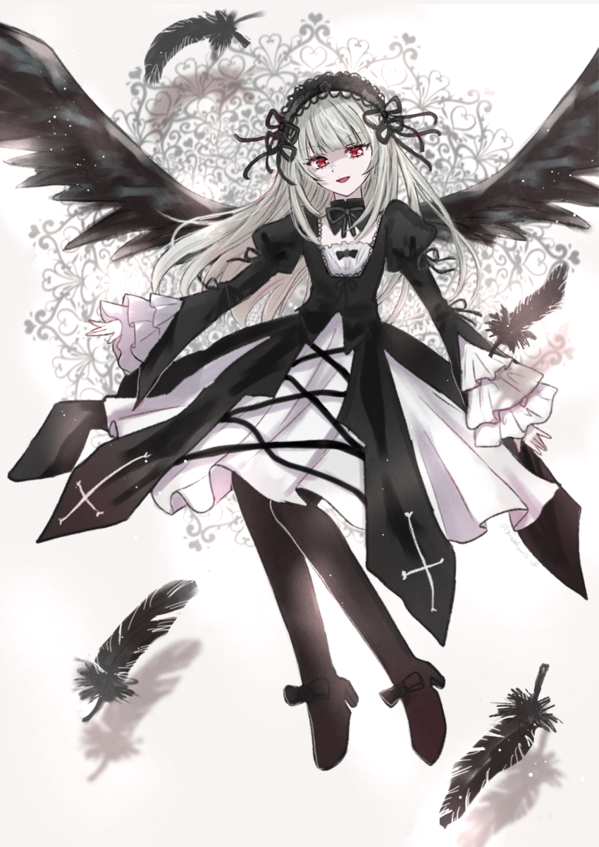 1girl, black_dress, black_feathers, black_wings, dress, feathered_wings, feathers, frilled_sleeves
