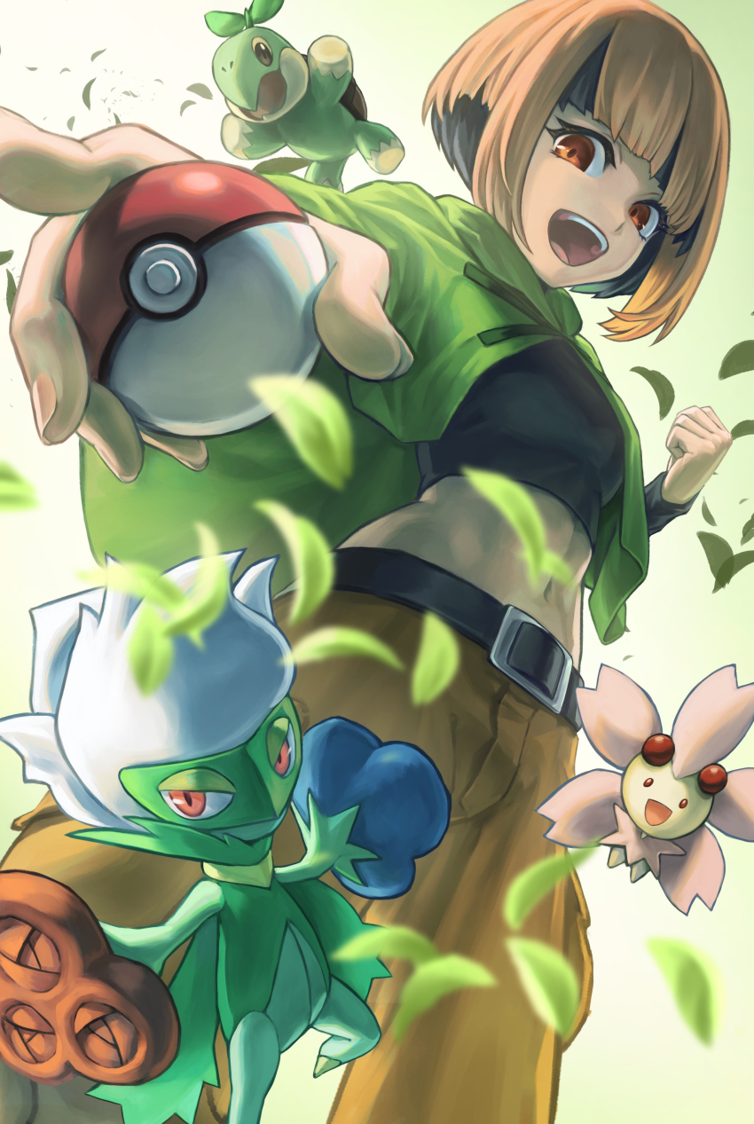 1girl, :d, absurdres, belt, black_belt, black_hair, black_shirt, capelet, cherrim, cherrim_(sunshine), clenched_hand, commentary_request, cropped_shirt, eyelashes, falling_leaves, gardenia_(pokemon), gen_4_pokemon, green_capelet, highres, holding, holding_poke_ball, leaf, looking_down, mayagi_(mayagi61), midriff, multicolored_hair, navel, nintendo, open_mouth, poke_ball, poke_ball_(basic), pokemon, pokemon_(creature), pokemon_diamond/pearl/platinum, roserade, shirt, shorts, smile, teeth, tongue, turtwig, two-tone_hair, upper_teeth_only