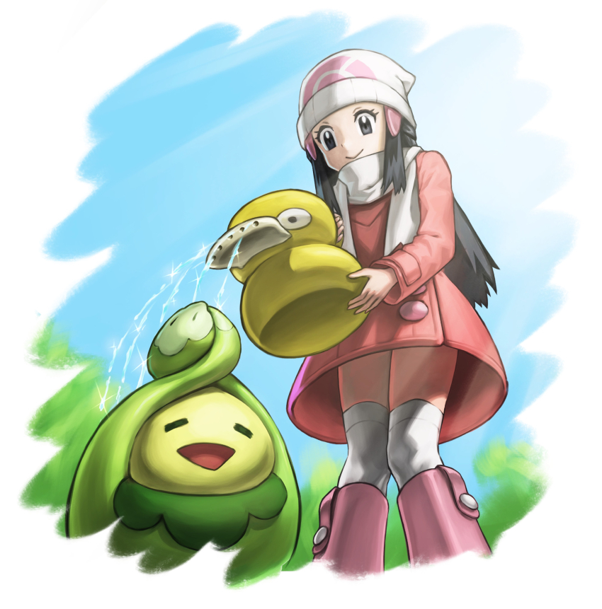 1girl, beanie, black_hair, boots, budew, closed_mouth, coat, commentary_request